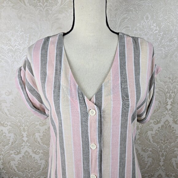 Caslon Size Medium Striped Shirt Dress Linen Blend Rolled Cuffs Button Front - Picture 2 of 14